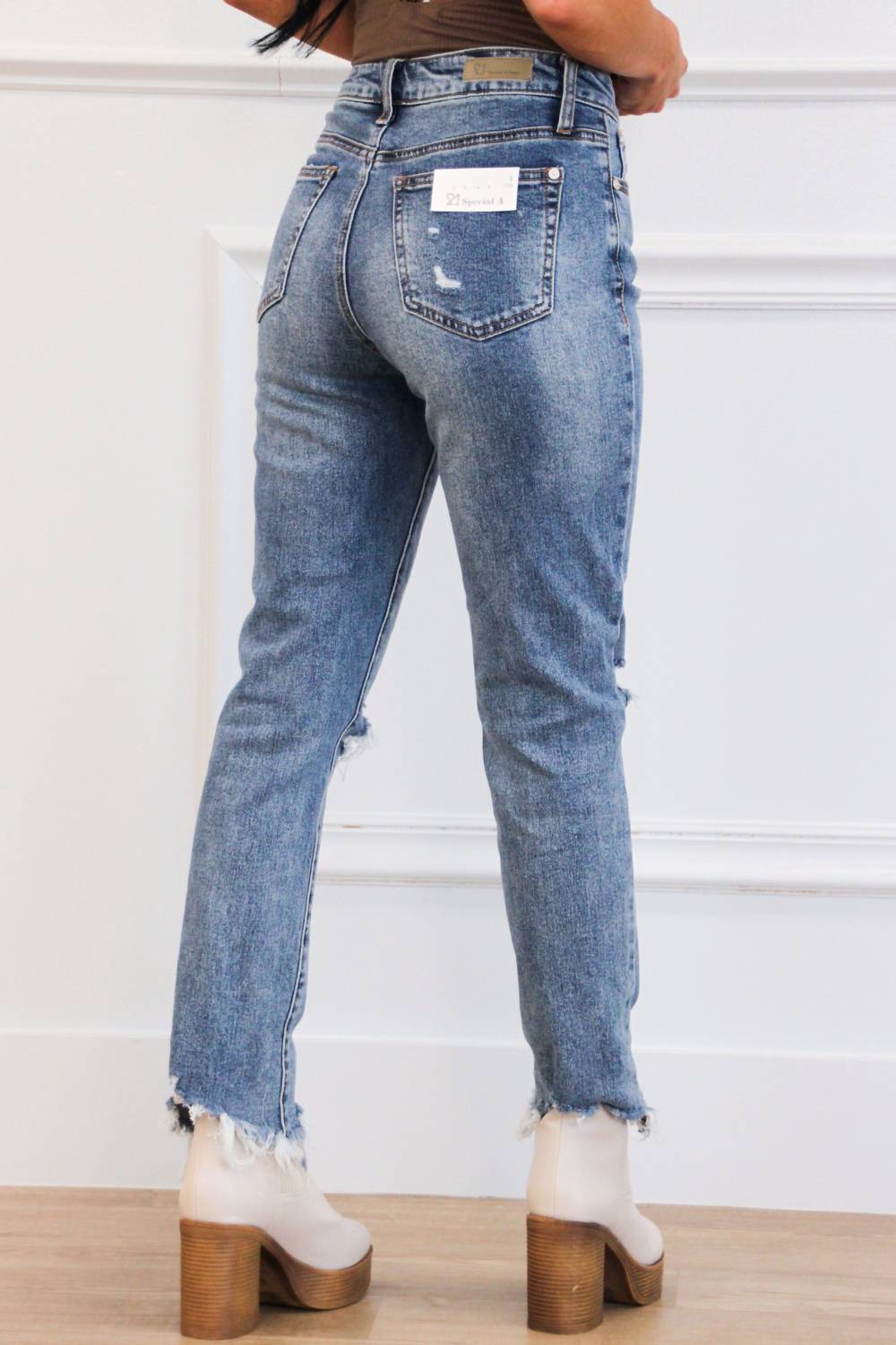 Distressed Mid Rise Straight Leg Denim Jeans