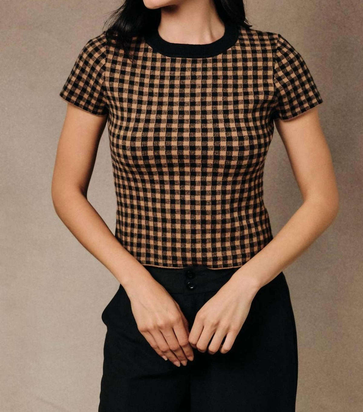 Gingham Soft Knit Crew Neck Sweater