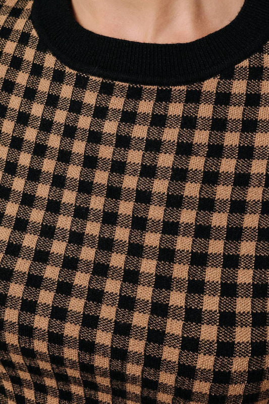 Gingham Soft Knit Crew Neck Sweater