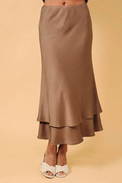 High Waist Double Layer Pull-on Bias Midi Skirt
