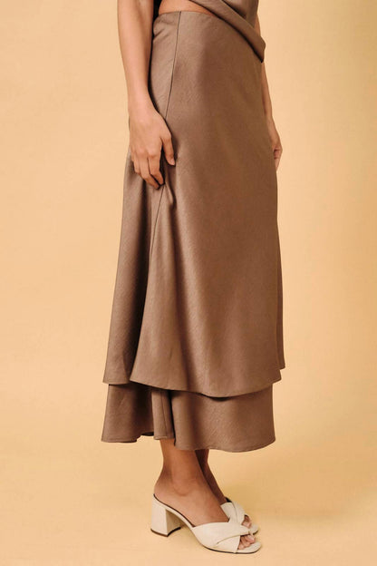 High Waist Double Layer Pull-on Bias Midi Skirt