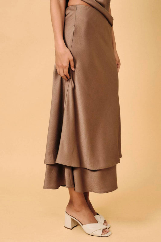 High Waist Double Layer Pull-on Bias Midi Skirt