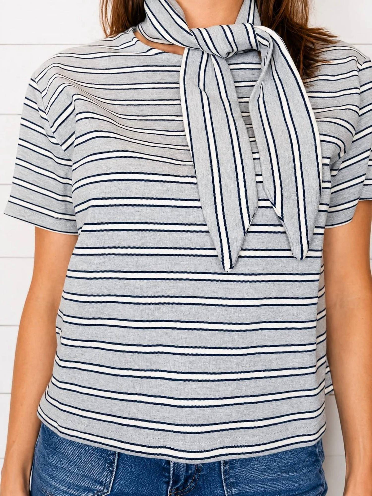 Round Neck Top With Faux Scarf Collar