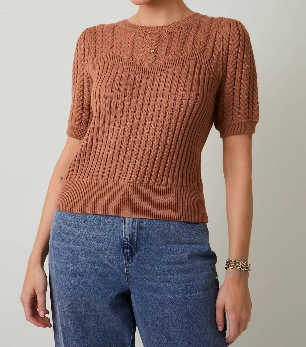 Short Sleeve Cable Knit Sweater