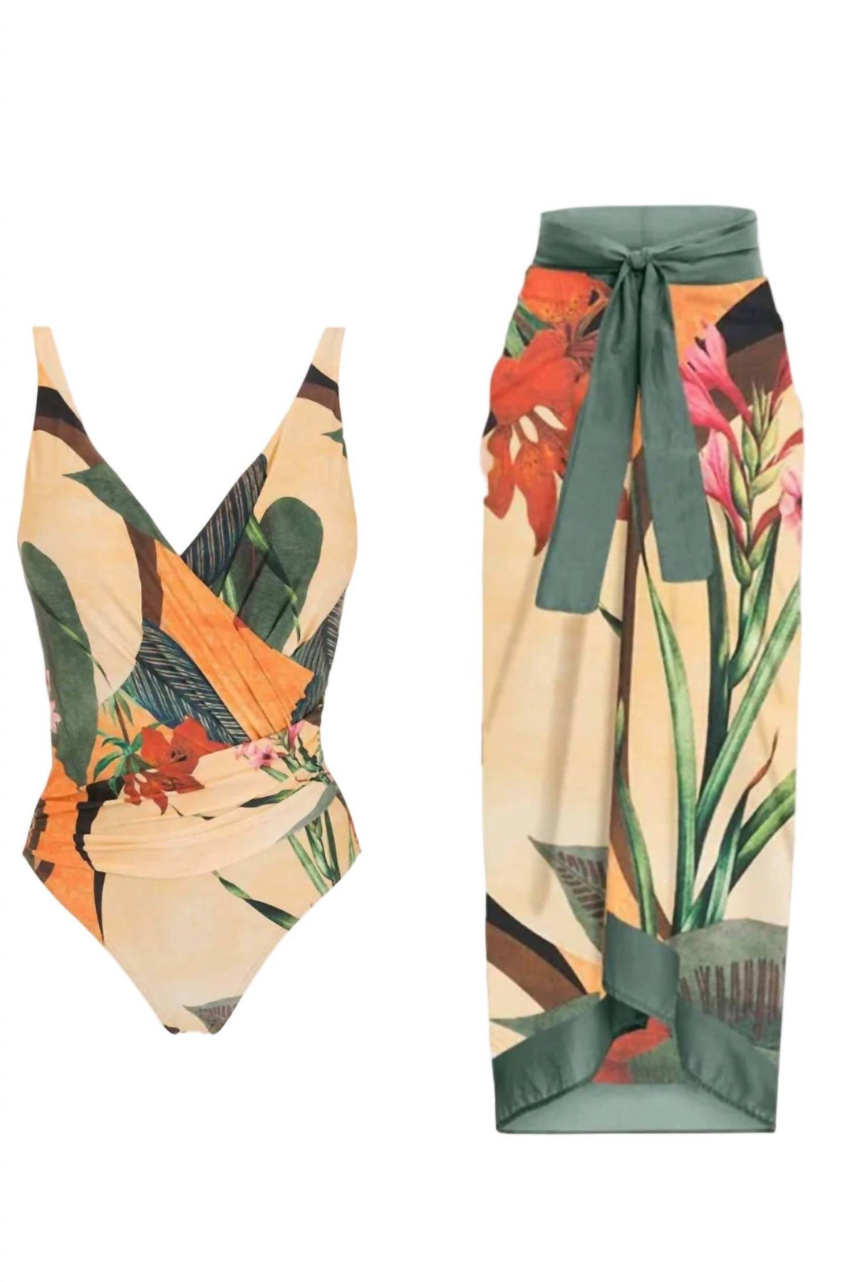 Open Back Wrap Front One Piece Swimsuit With Cover Up