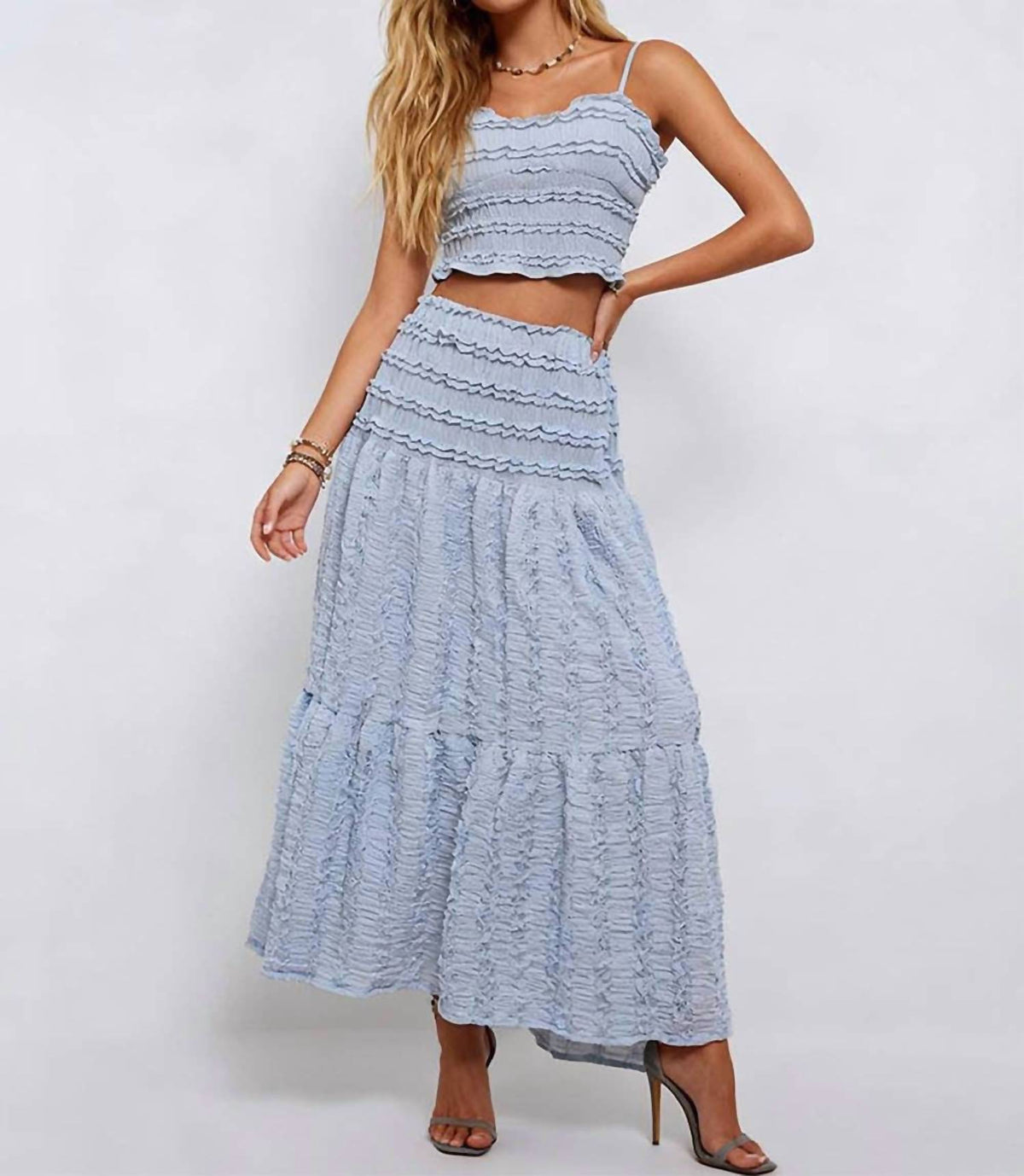 Romantic Wrinkle Ruffle Camisole Top And Tiered Maxi Skirt Set