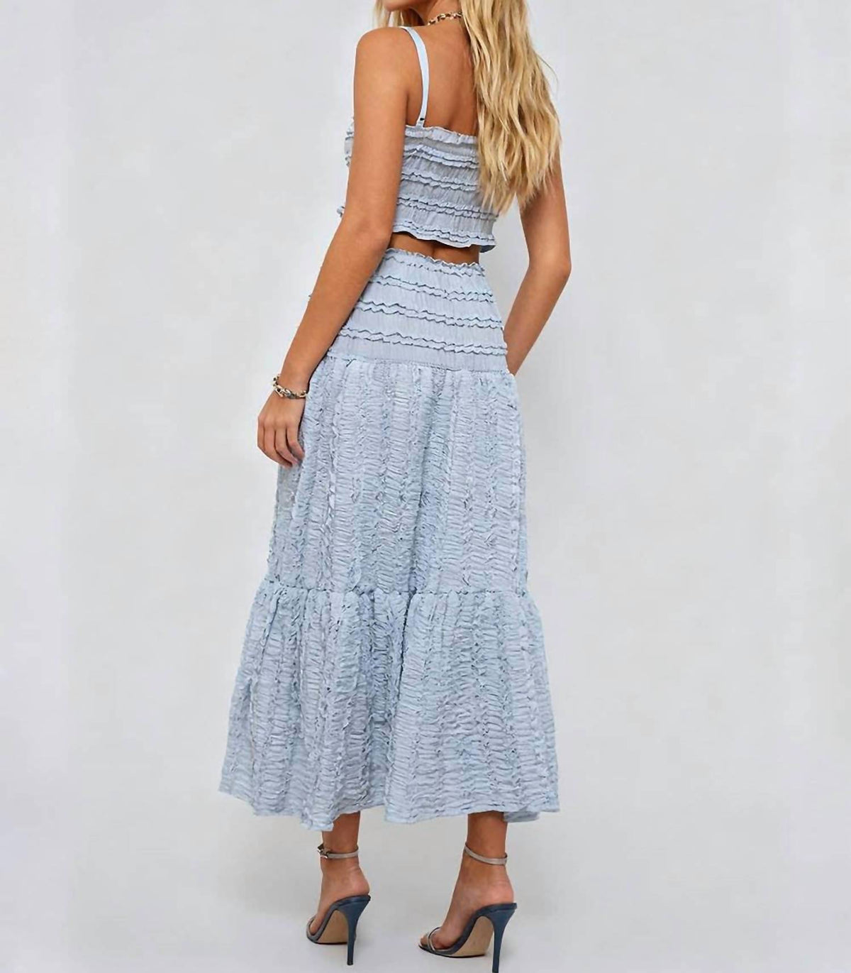 Romantic Wrinkle Ruffle Camisole Top And Tiered Maxi Skirt Set