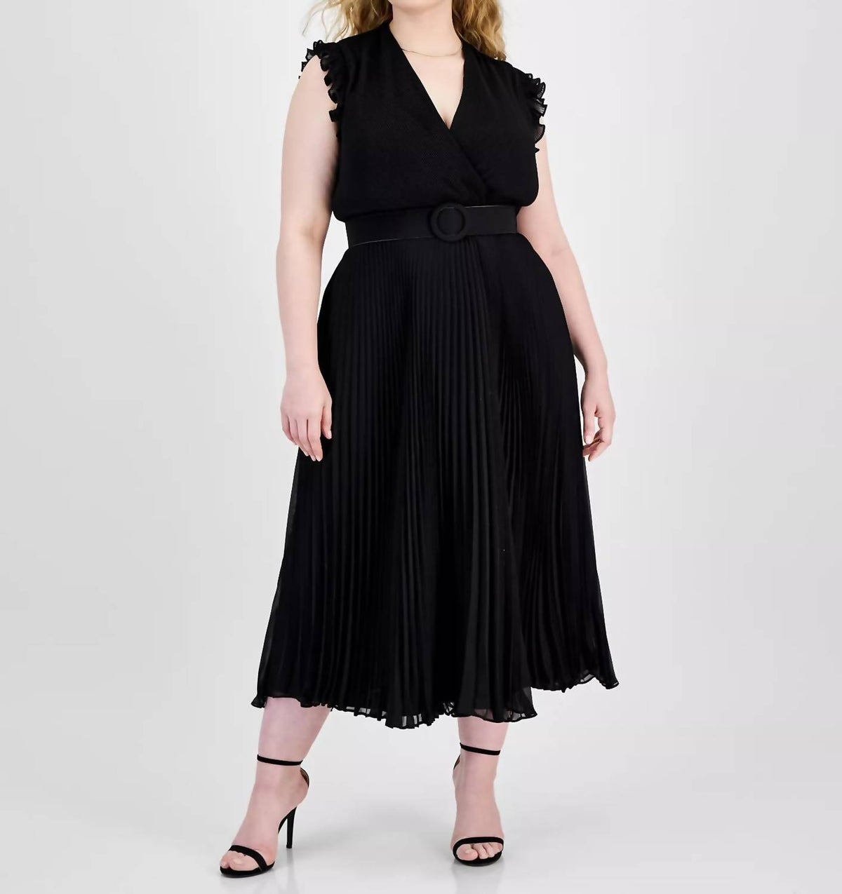 Pleated Belted A-line Dress - Plus