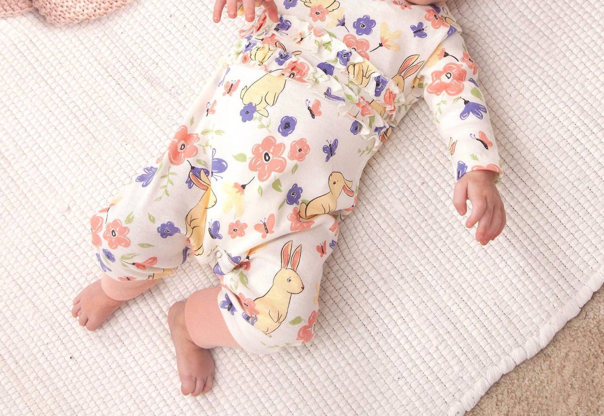 "Bunny Garden" Ruffle Romper for Newborns and Baby Girls