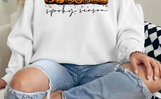 Trendznmore Women's Spooky Season Jack-o-lantern Halloween Crewneck Sweatshirt in White