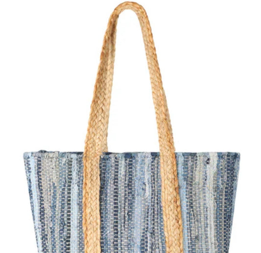 Women's Denim Jute Handle Tote Bag