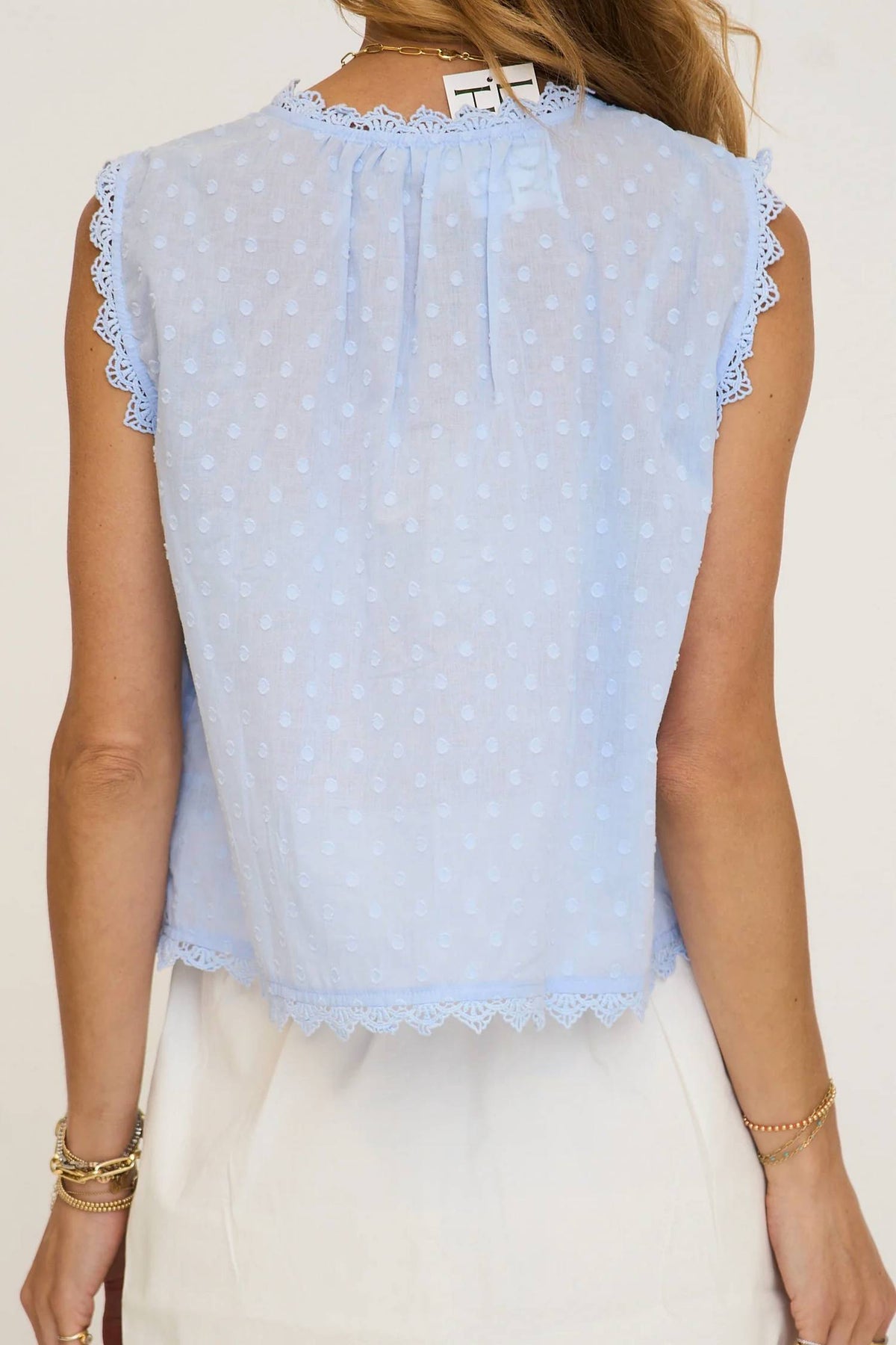 Lace Edge Sleeveless Swiss Dot Top