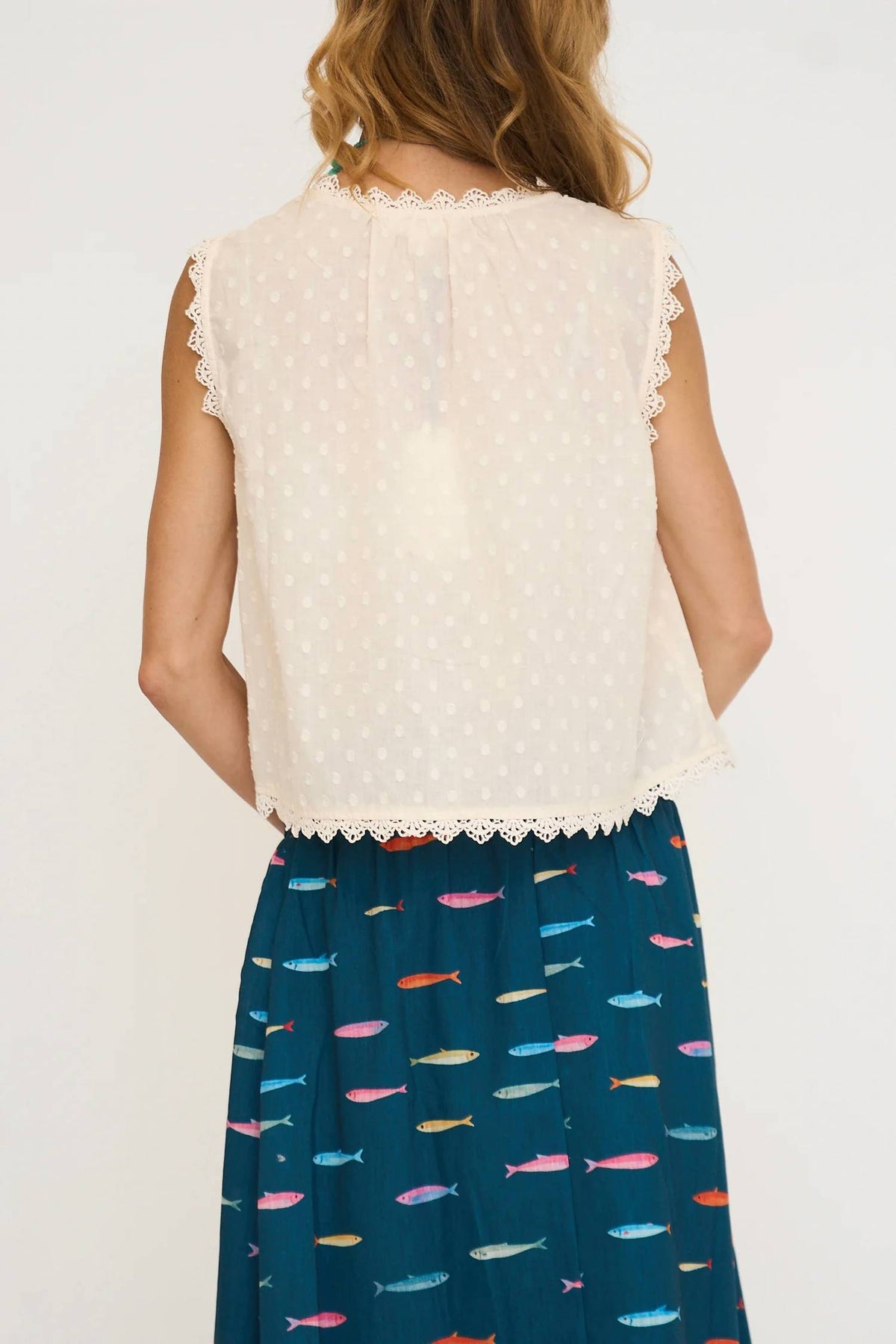 Lace Edge Sleeveless Swiss Dot Top