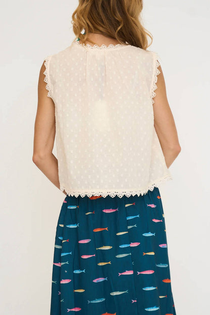 Lace Edge Sleeveless Swiss Dot Top
