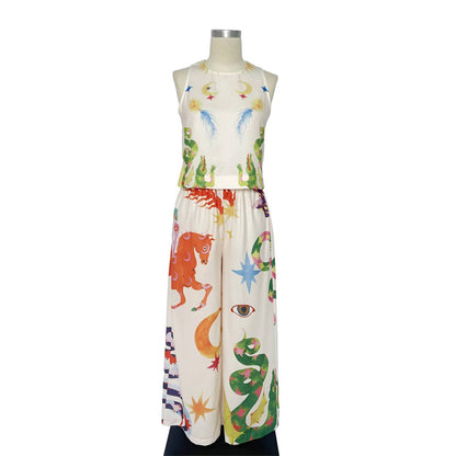 Artsy Print Tank And Wide Leg Pants Set