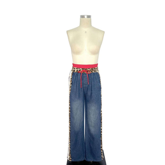 Women's Leopard Trim Contrast Wide Leg Pants