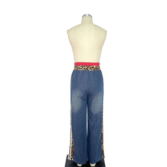 Women's Leopard Trim Contrast Wide Leg Pants